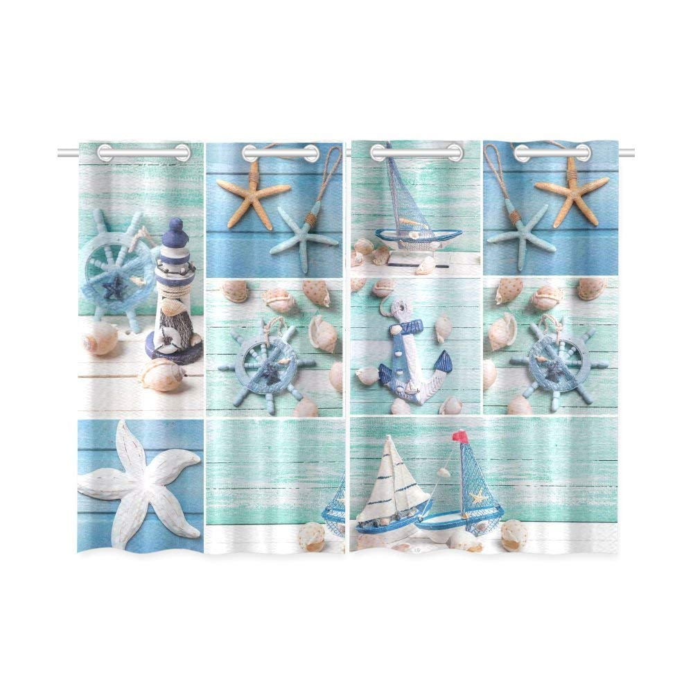 CADecor Sea Theme Window Kitchen Curtain, Starfish Seashell Anchor Window Treatment Panel