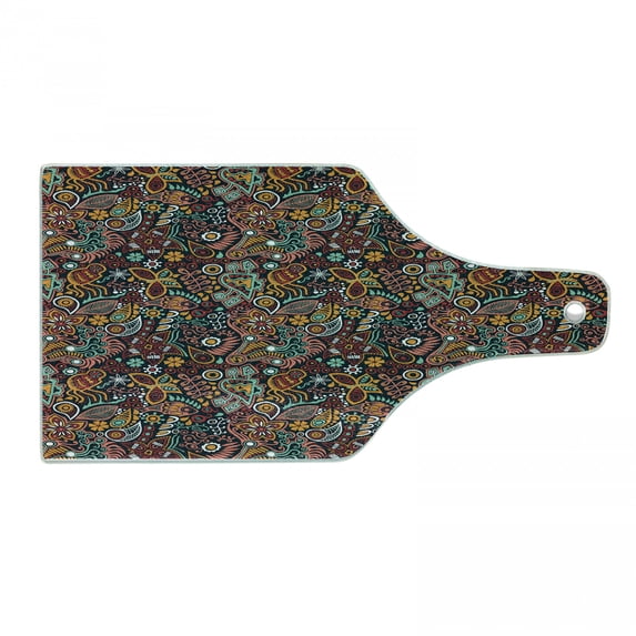 Floral Cutting Board, Funky Mixed Flower Blossoms with Fishes Butterflies Exotic Nature Foliage Theme, Decorative Tempered Glass Cutting and Serving Board, Wine Bottle Shape, Multicolor, by Ambesonne