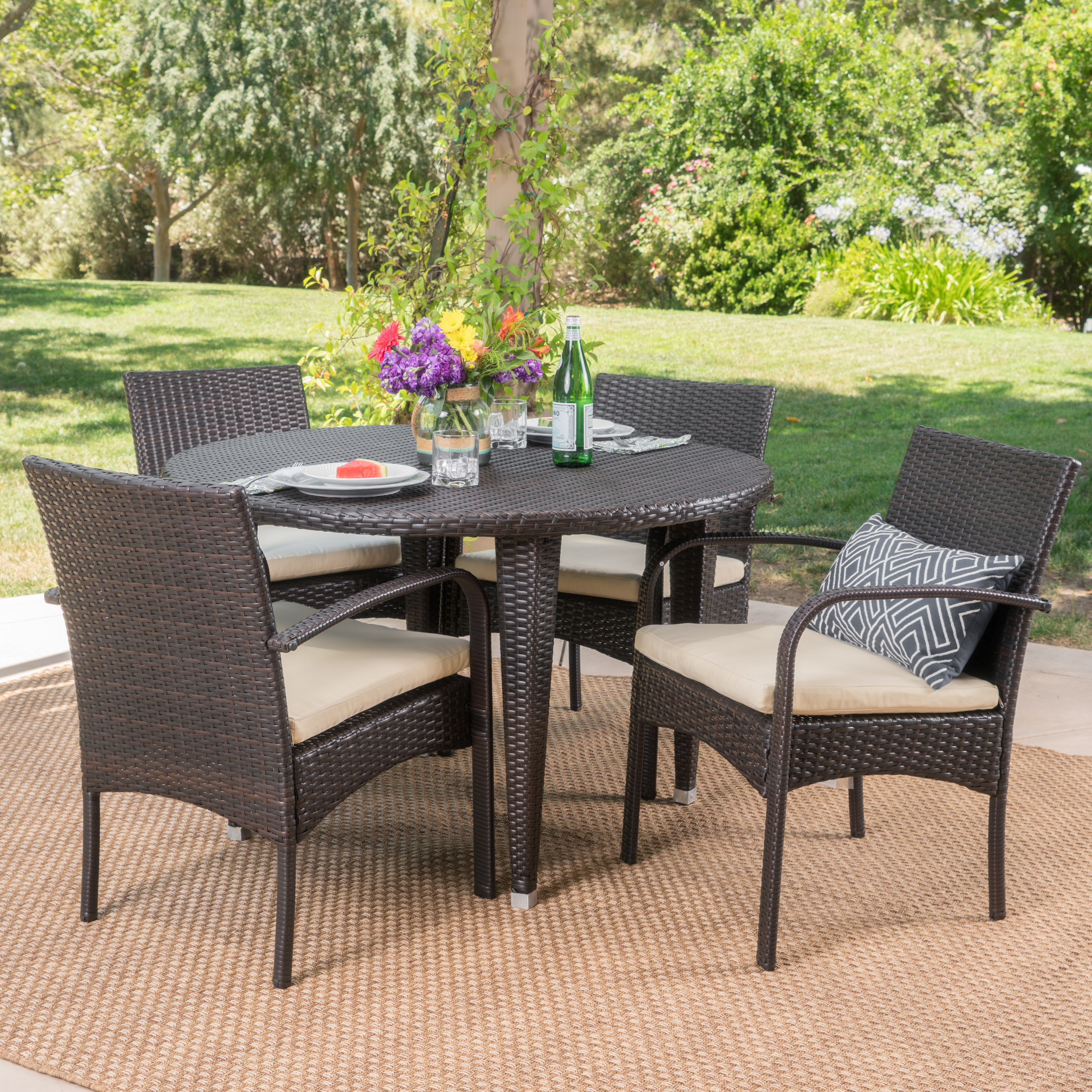 Cole Outdoor 5 Piece Wicker Circular Dining Set with Cushions