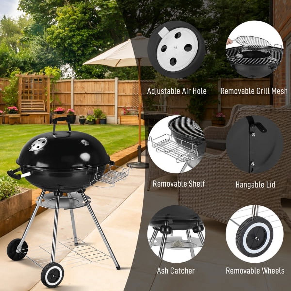 28" Portable Charcoal Grill with Wheels & Storage Rack - Porcelain-Enameled Kettle Grill with Ash Catcher & Thermometer for Camping, Parties & Picnics