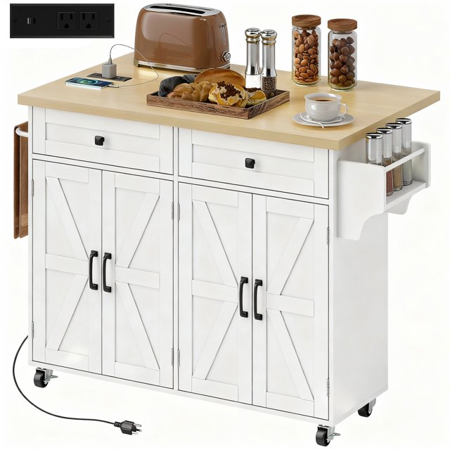 HOMCOM Îlot de Cuisine avec Rangement et Station de Recharge, Chariot de Cuisine Roulant