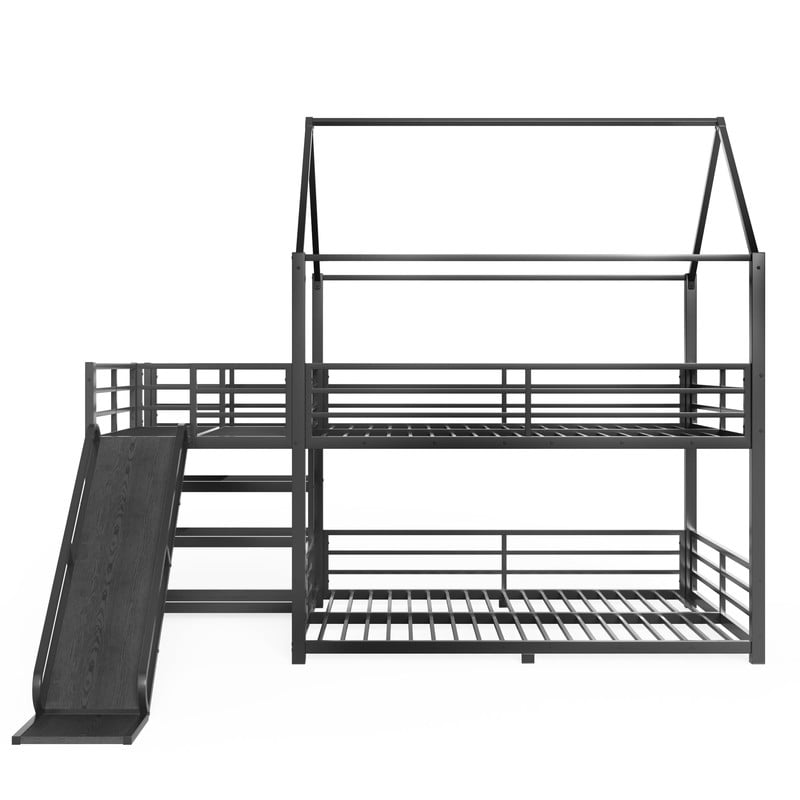 Full-Over-Full Metal House-Shaped Bed Frame with Multi-Functional Storage Stairs, Kids Bunk Bed with Slide