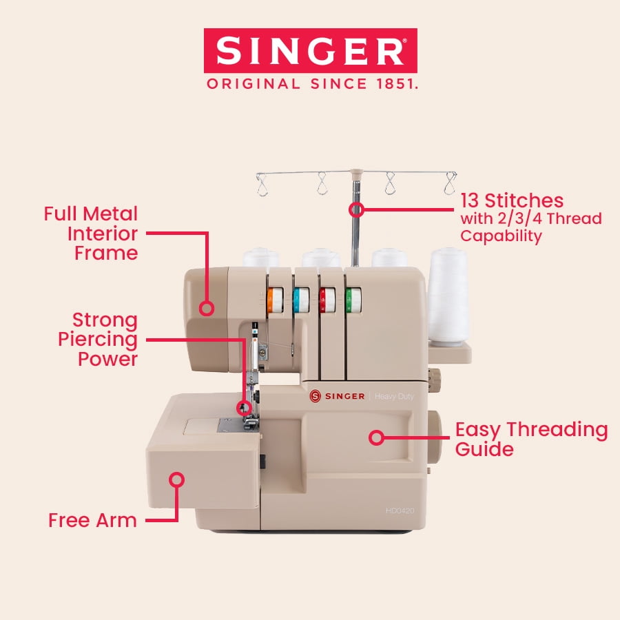 SINGER® Heavy Duty 0420  Next Evolution Serger Overlock Machine, 13 Stitches, 4/3/2 Thread Capability, Strong Piercing Power, Metal Frame, Differential Feed, LED Light