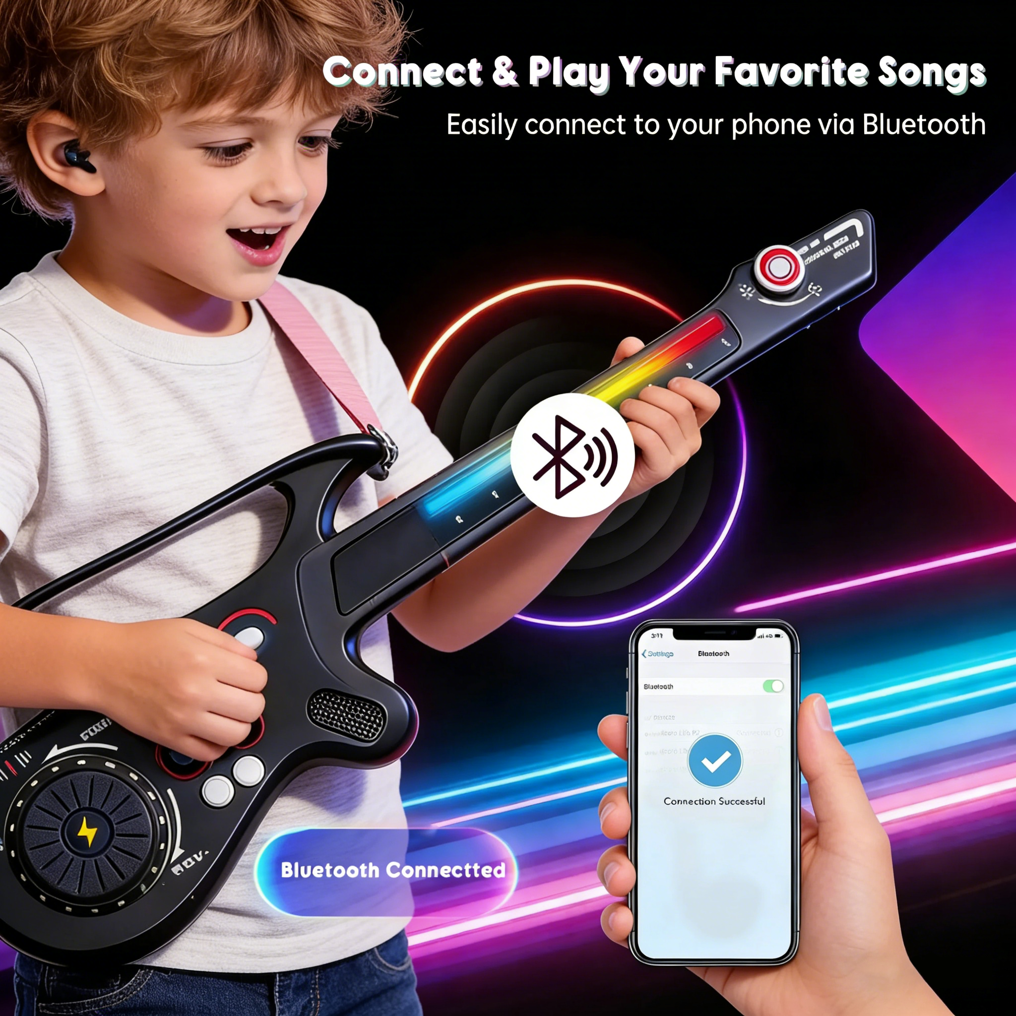 SaveJoy Kids Electric Guitar Toy with Lights & Sounds, 4-in-1 Musical Instrument with DJ Turntable & Bluetooth, Interactive Music Toy for Toddlers Ages 3-7, Gift for Boys & Girls