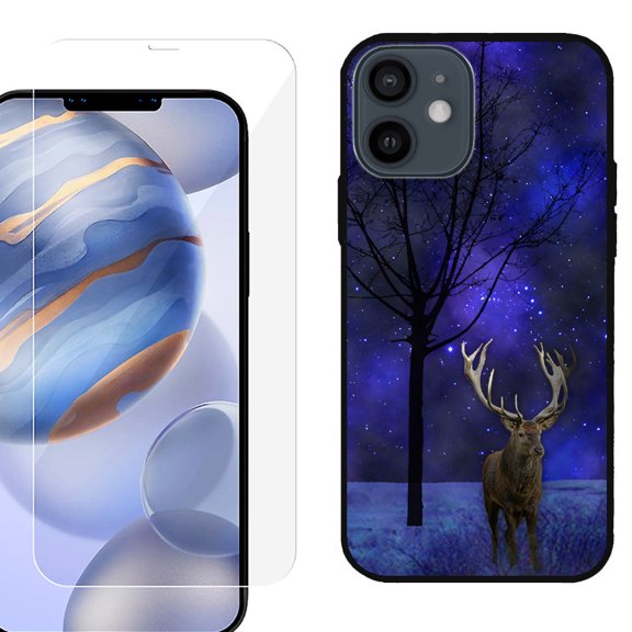 Slim-Fit Protective Phone Case (Black) compatible with iPhone 12 / iPhone 12 Pro, with Tempered Glass Screen Protector, by OneToughShield ® - Midnight Deer