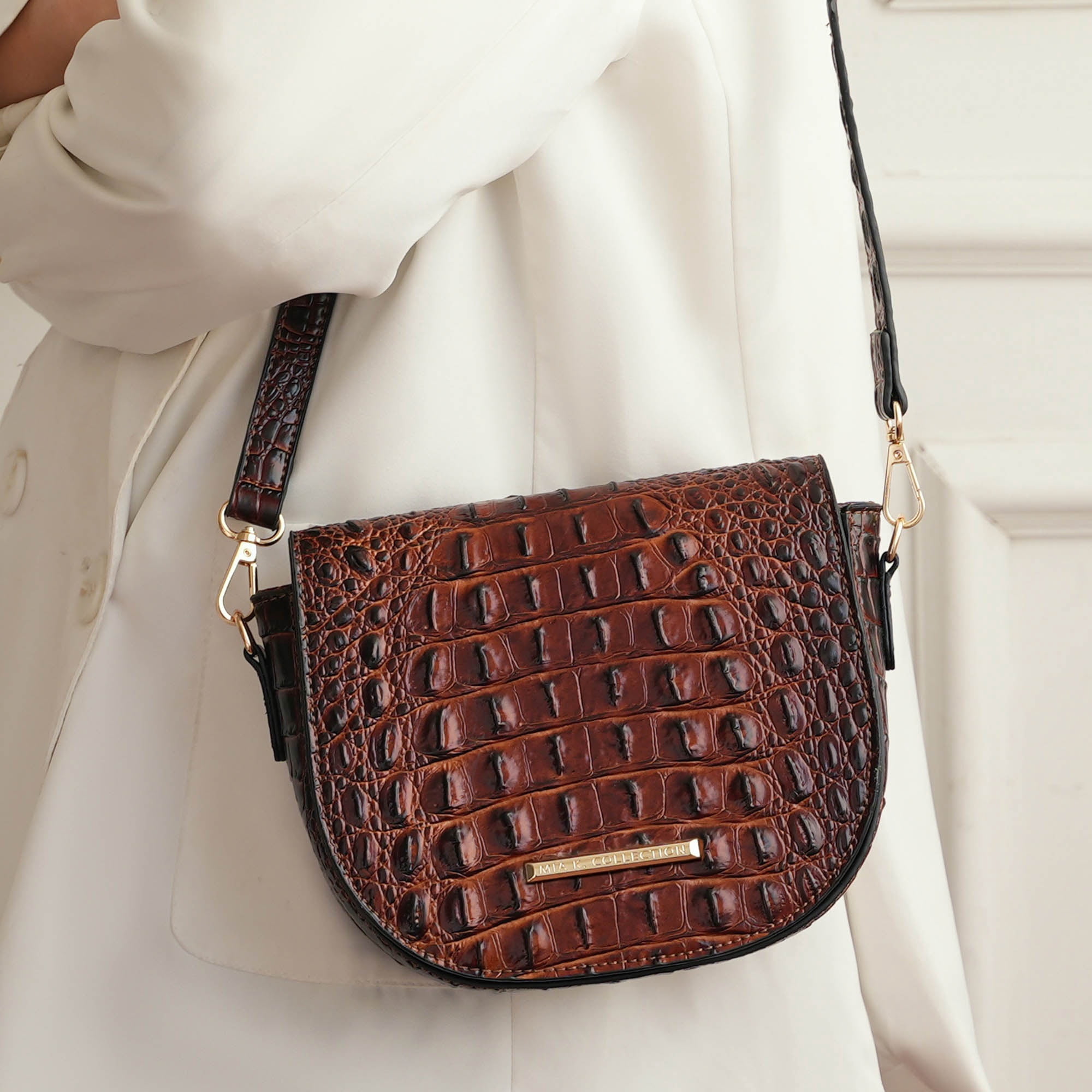 MKF Collection Amalia Crossbody Bag Solid Croc-Embossed Vegan Leather Shoulder Bag Handbag by Mia K- Green