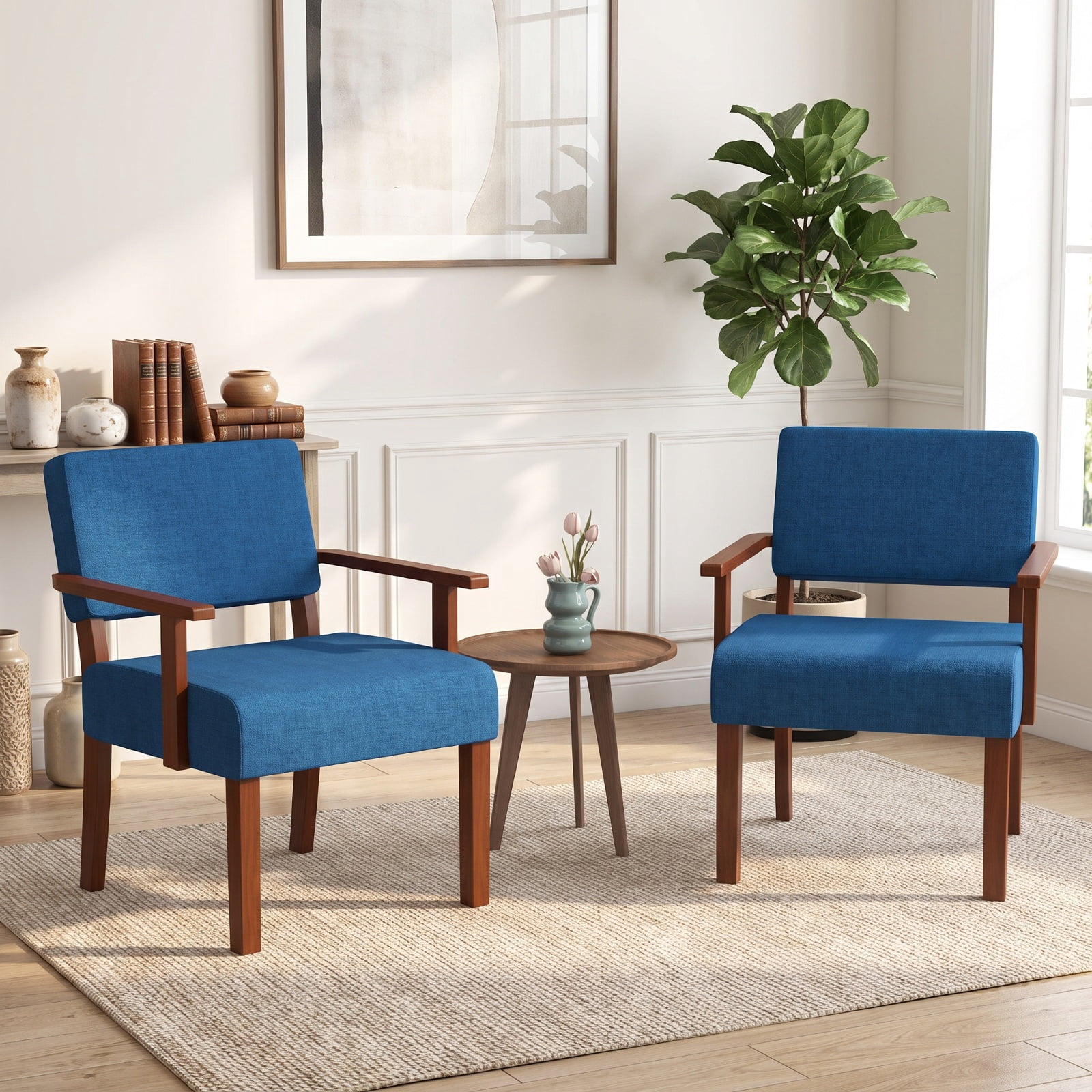 Furnibear Linen Accent Chair with Soft Padded Seat Ergonomic Backrest and Solid Rubber Wood Frame for Living Room and Bedroom, Blue