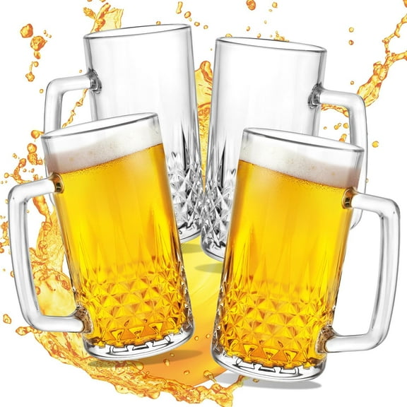 Beer Mugs For Freezer, 20 oz Large Heavy Glass Mugs with Handles Set of 4, Clear Large Beer Steins for Tea, Coffee, Lead-Free Glasses Oktoberfest Style, Best Gifts for Dad Husband or Friend