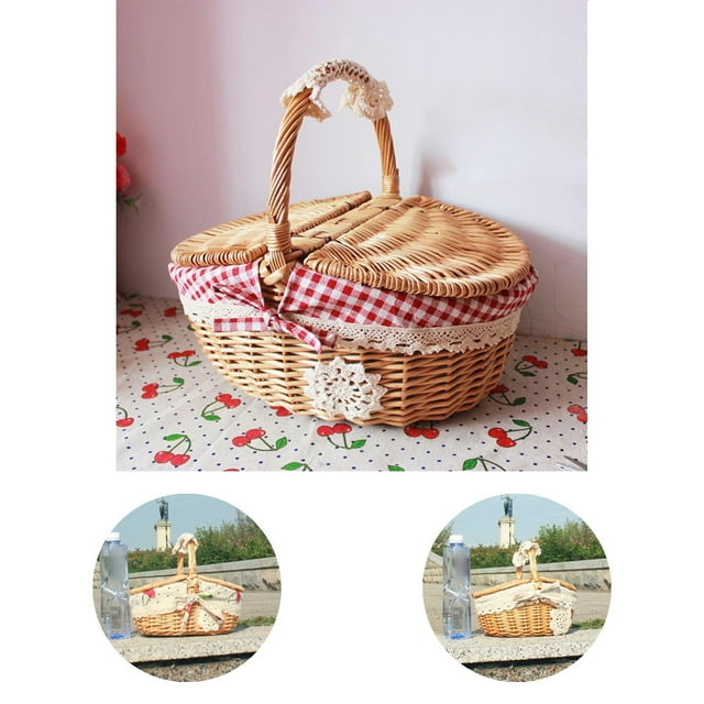Panier de Rangement en Osier Naturel avec Couvercle Poignée pour Camping Grande Capacité Fait Main