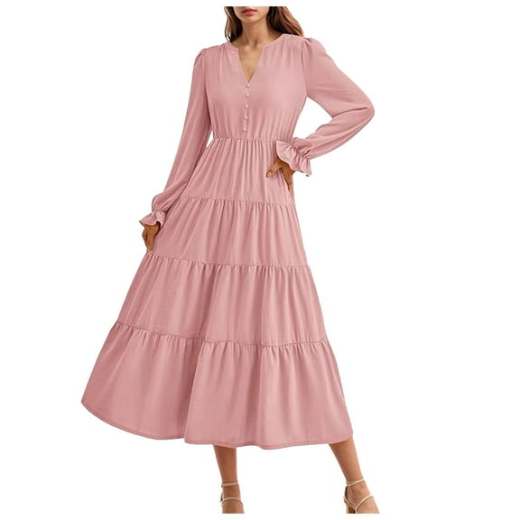 felwors Long Sleeve Dress for Women 2025 Fall V Neck Tiered Spring Elegant Modest Flowy Wedding Guest Maxi Dresses Pink, S
