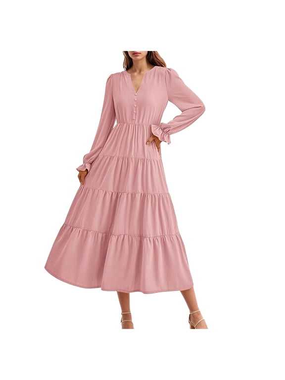 Long Sleeve Dress for Women 2025 Fall V Neck Tiered Spring Elegant Modest Flowy Wedding Guest Maxi Dresses Pink, XL