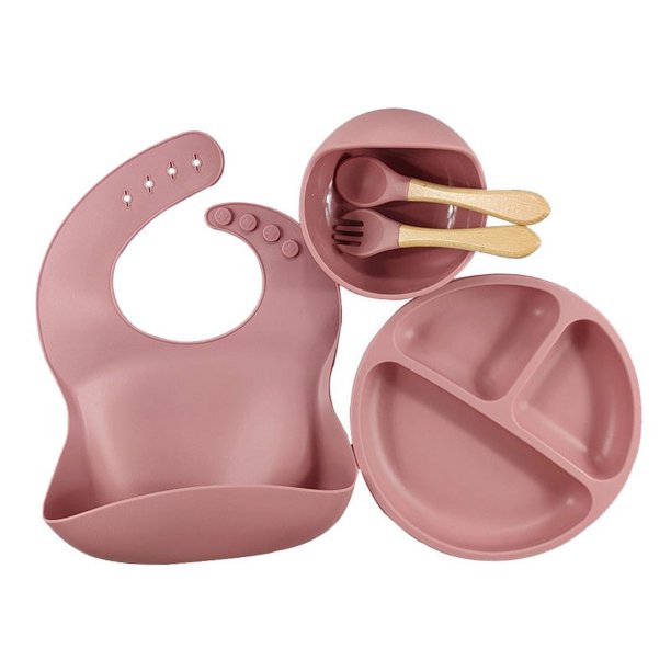 Babero de silicona para madres e hijos Plato de silicona para la cena Juego de ocho piezas Plato de succión para entrenamiento complementario de alimentos para bebés Juego de vajilla separada para