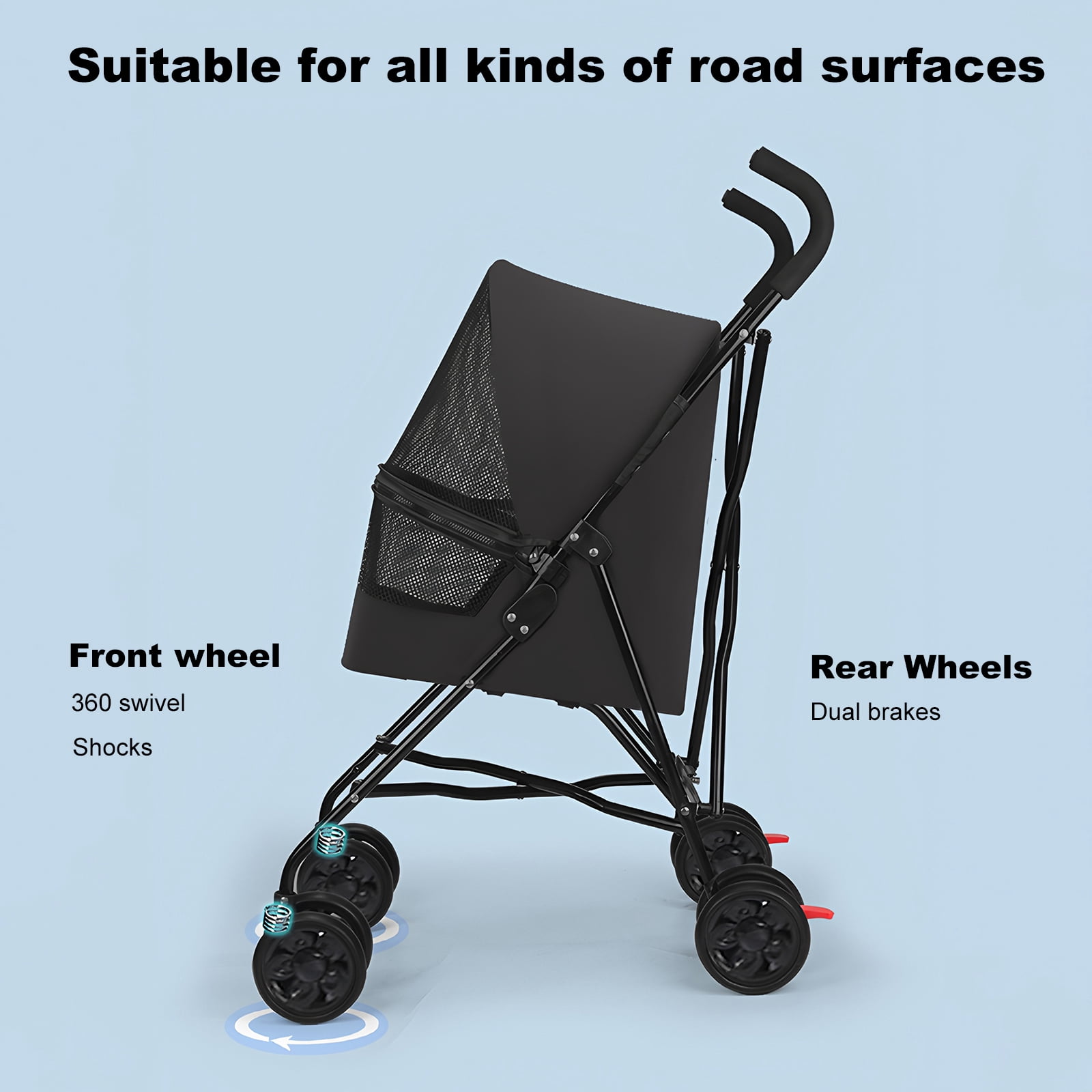 Pet Stroller for Small Dogs and Cats, Lightweight Foldable Design with Mesh Ventilation, Cup Holder and Storage Basket, Portable Dog Cat Stroller Black