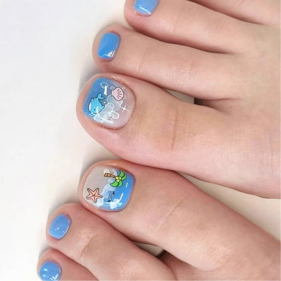 Glossy Short Press on Toenails Square Toe Nail Full Cover Blue False Toe Nail