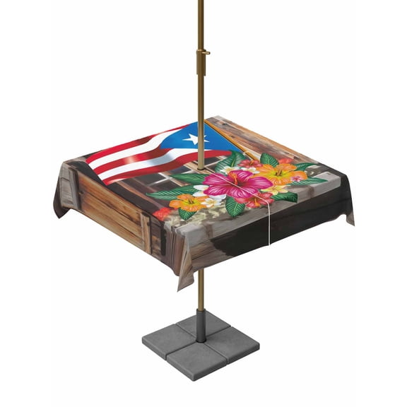 Outdoor Tablecloth with Umbrella Hole and Zipper, Puerto Rico Flag Square Table Cloth 60x60 Inch Waterproof Tablecloth, Farmhouse Retro Flowers American Flags Picnic Table Cover for Patio Camping