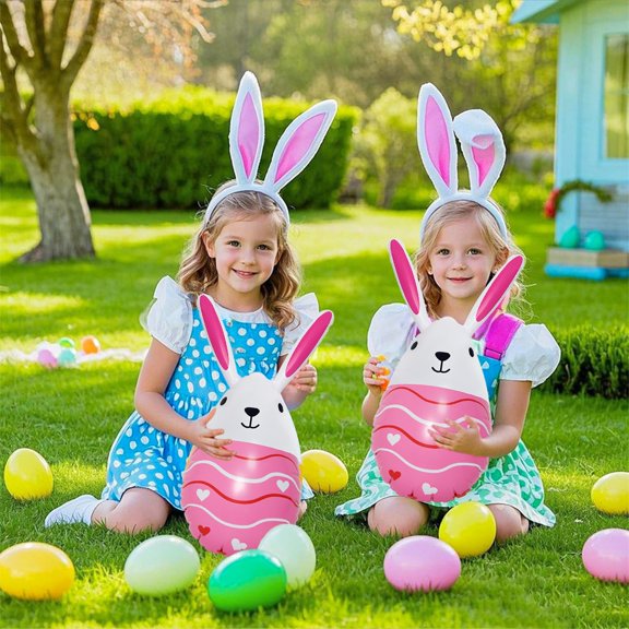 Uxgjfwu Inflatable Easter Egg Decoration for Courtyard, Large PVC Blow Up Easter Egg and Bunny Balloon, Festive Outdoor Inflatable Toy for Spring Holiday and Garden Party