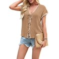 thumbnail image 3 of Women's Crochet V-Neck Short Sleeve Boho Spring Lightweights Tie Front Cardigan for Beach Summer Khaki S, 3 of 6
