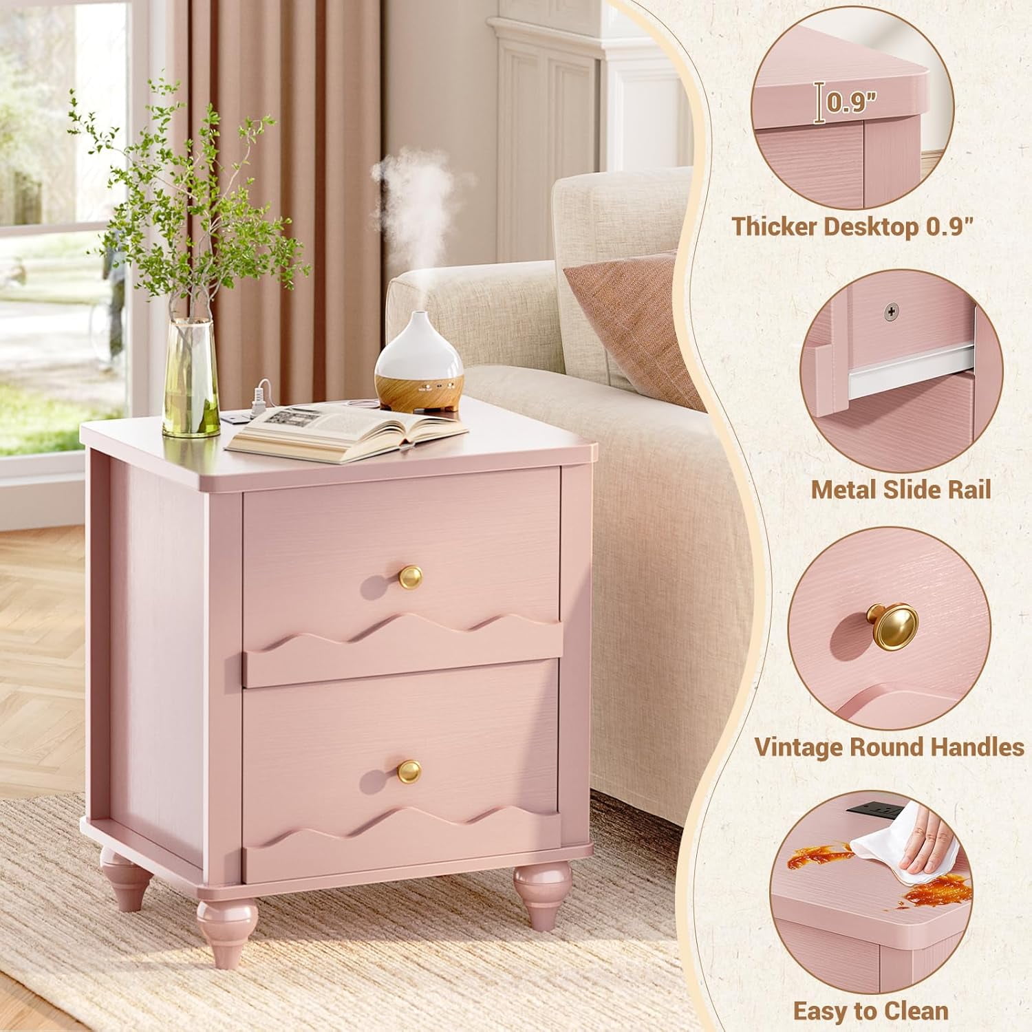 Homieasy 2 Drawer Nightstand with Power Outlet, Modern Wooden Nightstand with 2 Wave Pattern Drawers, Bedside Table for Bedroom, Living Room, Pink