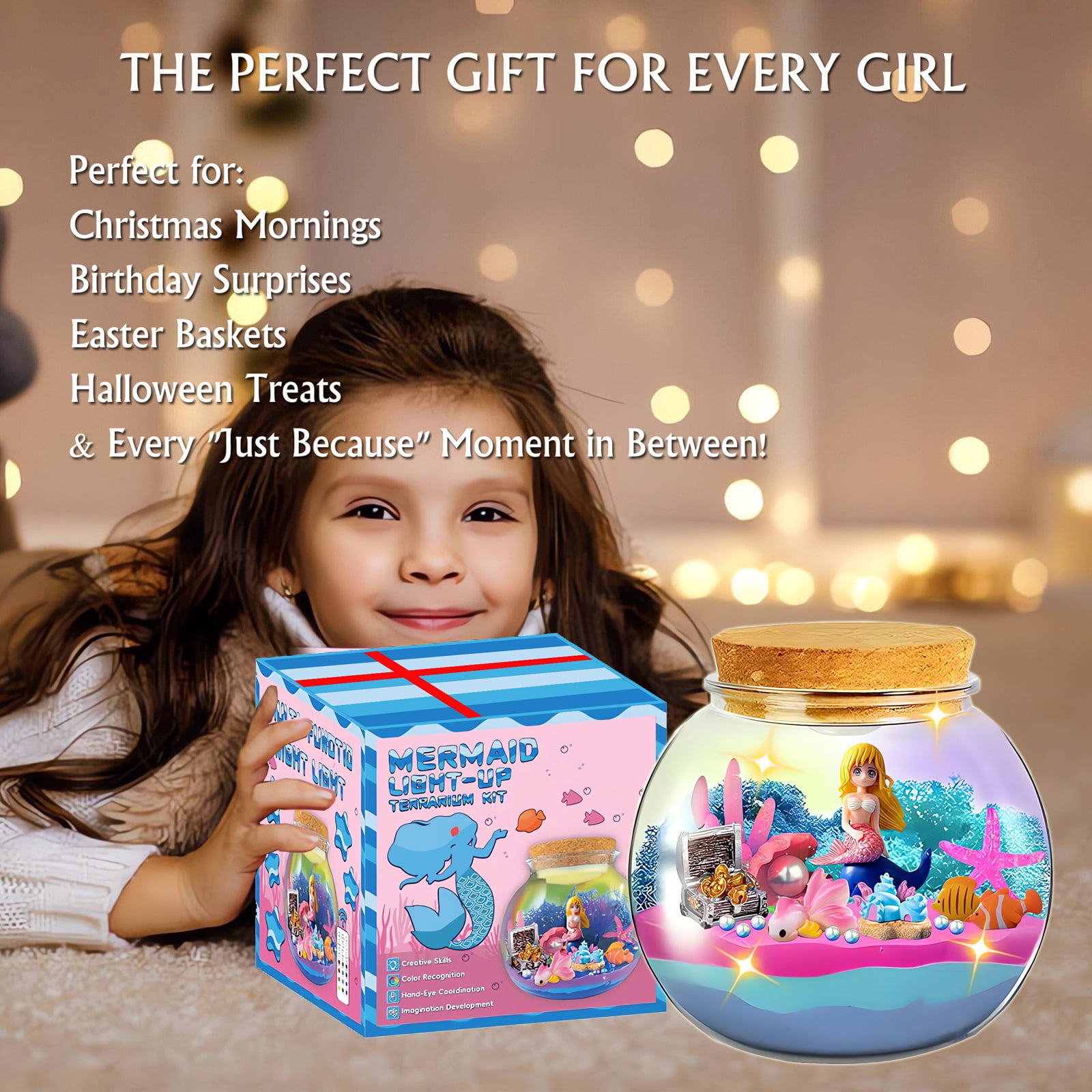 Mermaid Terrarium Craft Kit for Kids, 13 Colors LED Night Light with Remote, Creative Birthday Gift for Girls Age 3-12, DIY Your Own Ocean Theme Decor