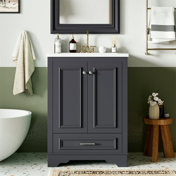 Furvclv 24" Modern Bathroom Vanity, Undermount Bathroom Single Sink Cabinet With 2 Doors And 1 Drawer, Adjustable Shelves, Solid Wood Frame, Soft Closing