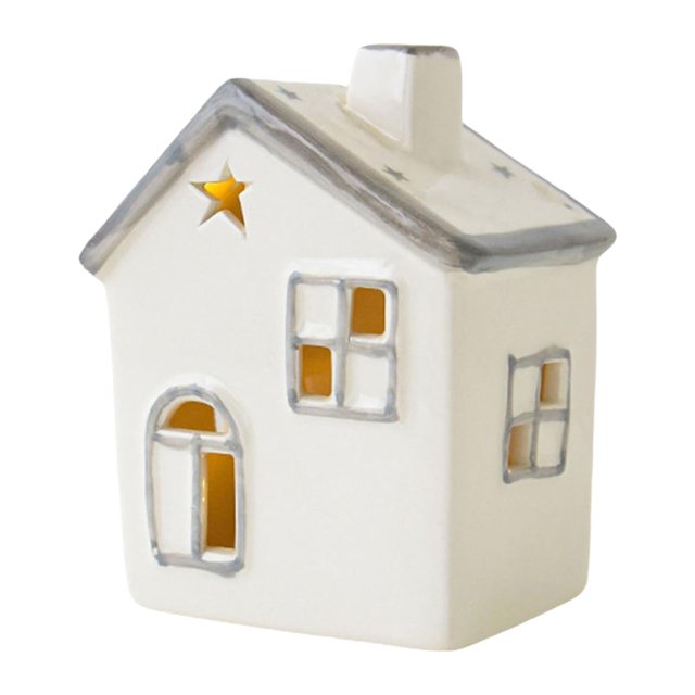 Estatua de casa en miniatura navideña, figura de casa pequeña de cerámica con luz, adorno de mesa, decoración navideña para estantes de interior