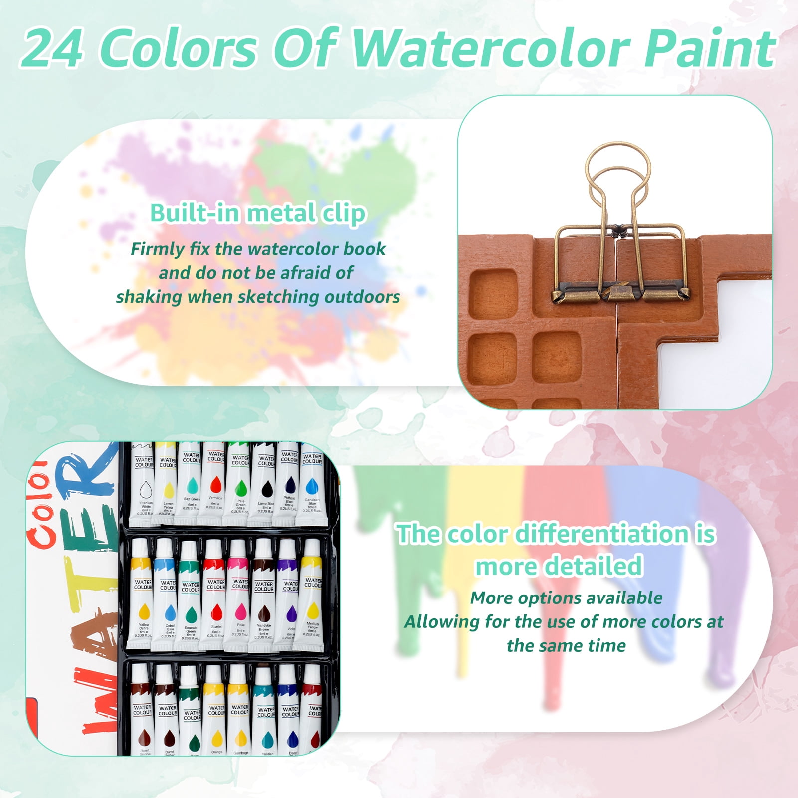 Mini Watercolor Paint Travel Set 24 Colors Pocket Palette With Sketchbook Brush (blue )