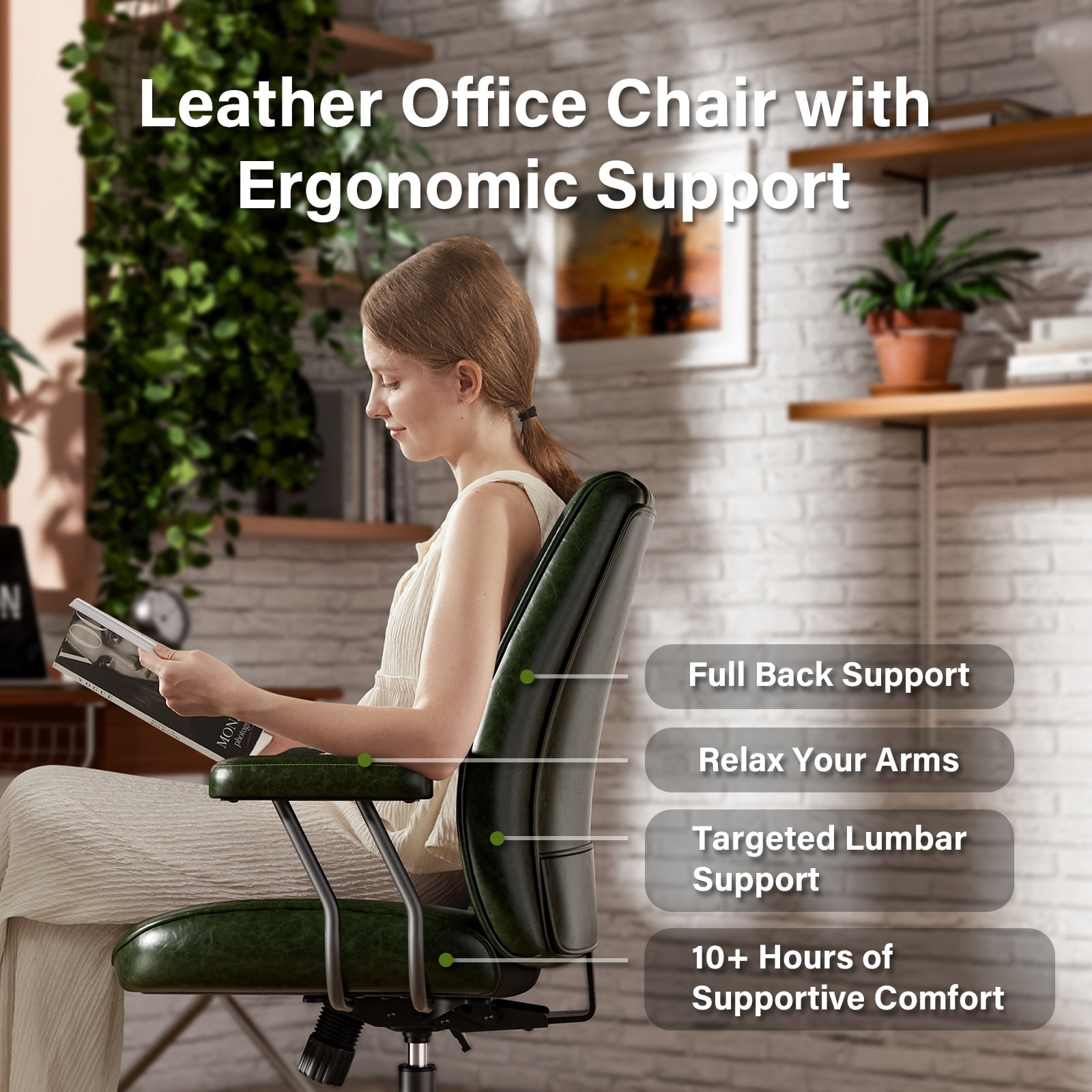 Ninecer Green Leather Office Chair with Wheels Adjustable Height Padded Arms Vintage Executive Desk Chair for Home Office