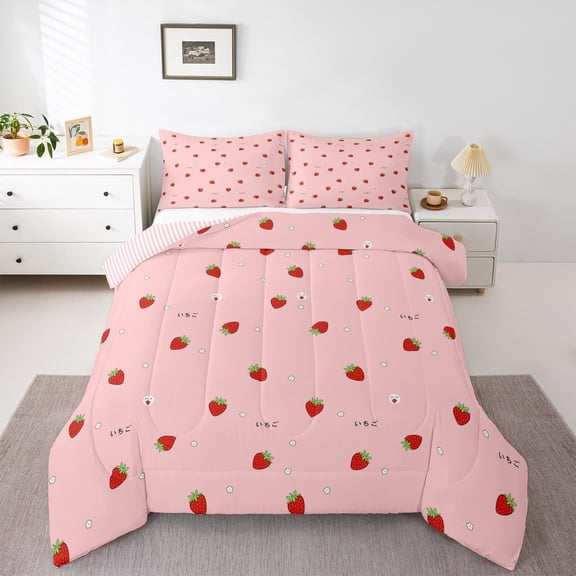 Girls Strawberry Comforter Set Twin Kawaii Strawberry Comforter for Kids Japanese Style Pink Cute Cartoon Fruit Food Theme Bedding Set Girly White Floral Down Comforter Reversible Soft Lightweight