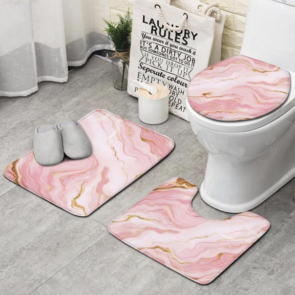 Pink Gold Marble Pattern Bathroom Rugs Sets 3 Piece,Toilet Cover Set,Absorbent Non Slip Bathroom Mats Sets with U-Shaped Contour Rug Toilet Rug Set