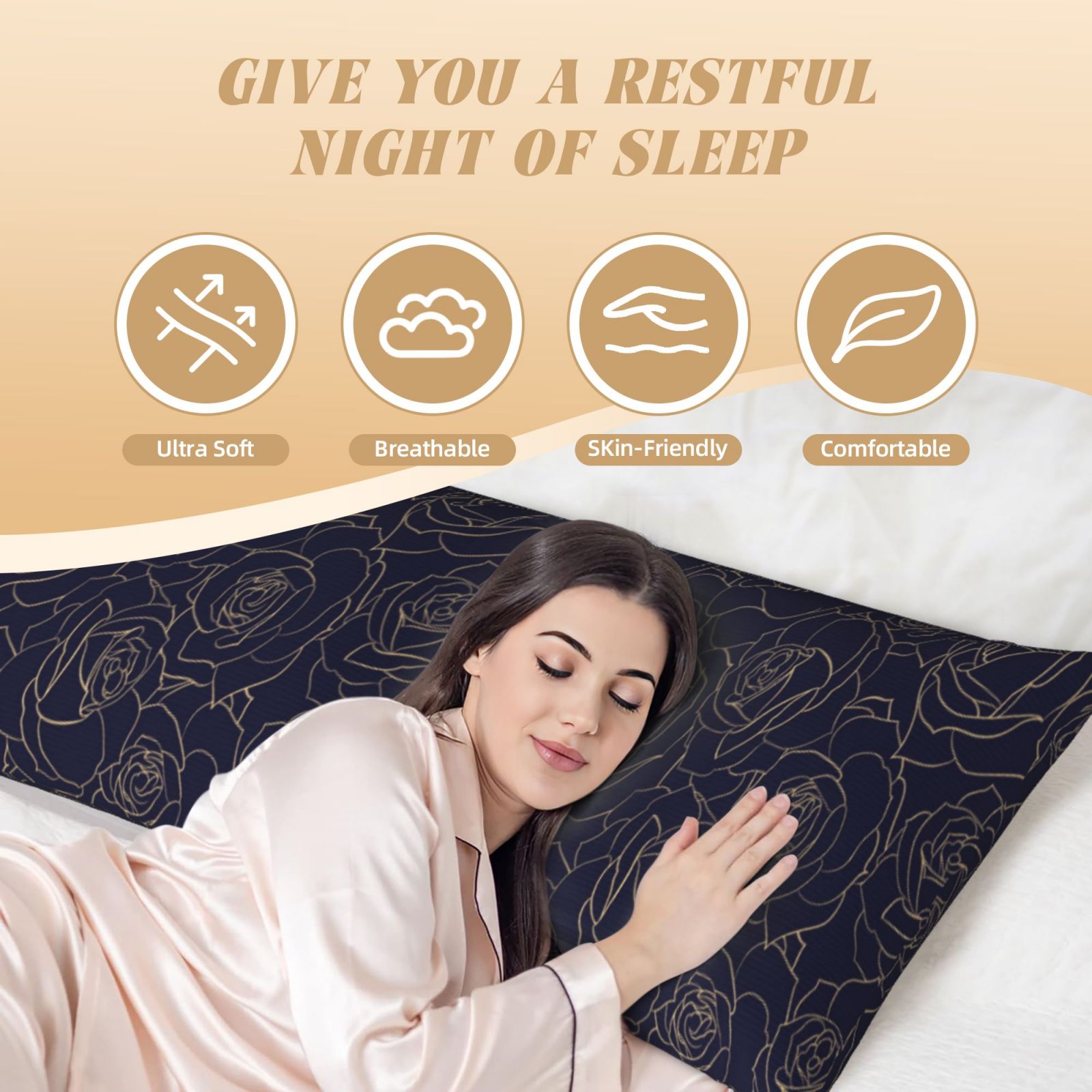 Naloa Copper-Gold Gloss Outline Rose1 Super Soft 20x60 Body Pillow Case,Long Side Hidden Zipper（PILLOWS ARE NOT INCLUDED）