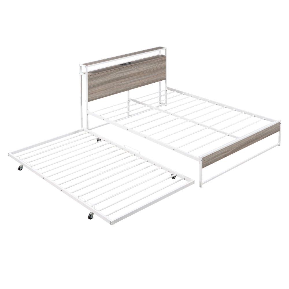 Full Size Platform Bed Frame, Metal Platform Bed with Trundle, USB Ports and Slat Support,  Trundle Bed Frame with Shelf Headboard, No Box Spring Needed, White