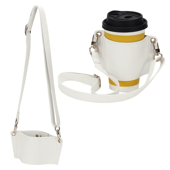 Uxcell Water Bottle Carrier with Adjustable Shoulder Strap, Leather Water Bottle Holder with Credit Card Holder for Stanley Tumbler 30 & 40 oz for Outdoors Travel Workout, White