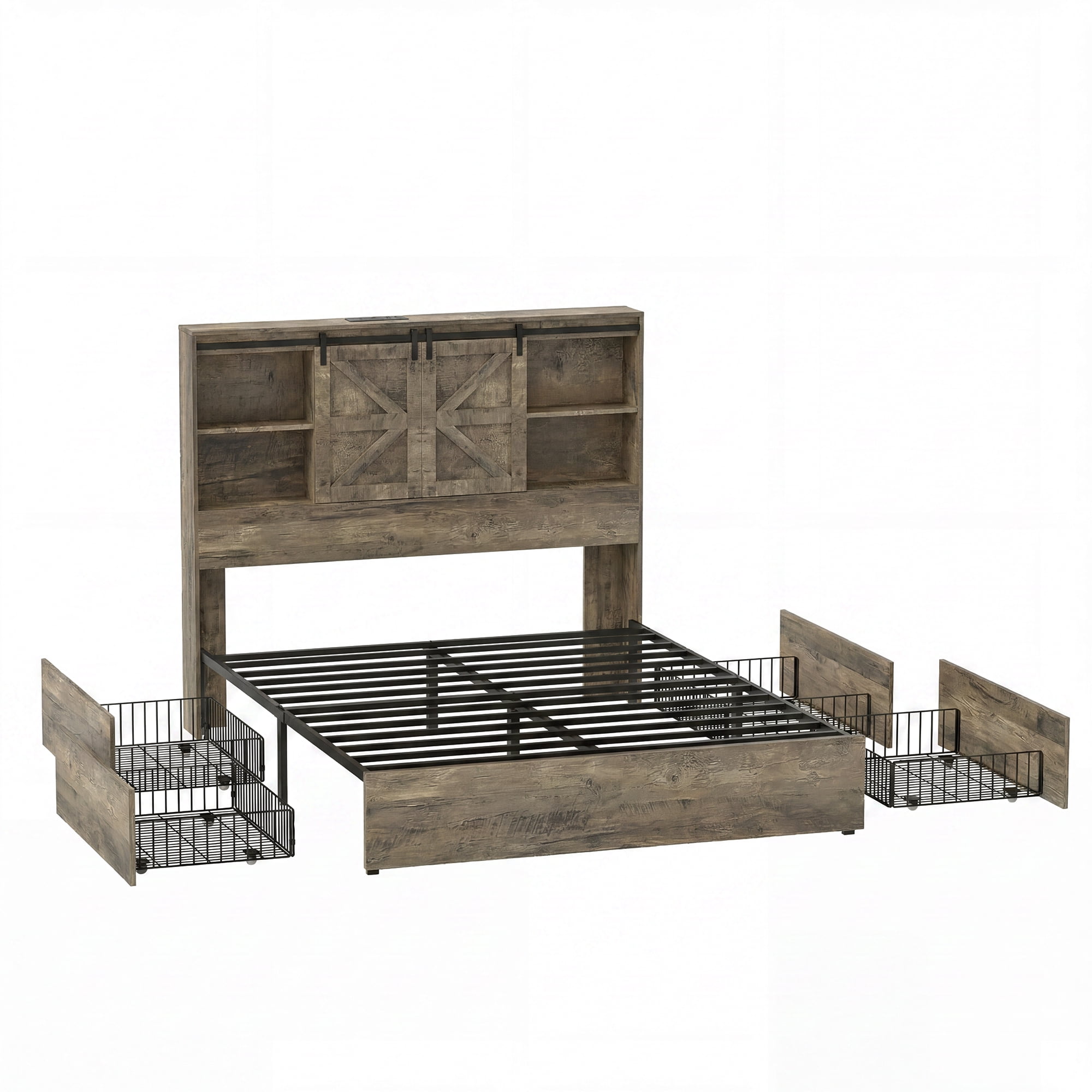Uforic Queen Size Farmhouse Platform Bed Frame with Sliding Barn Door, 4 Wheeled Underbed Storage Drawers, No Box Spring Required, Antique Grey