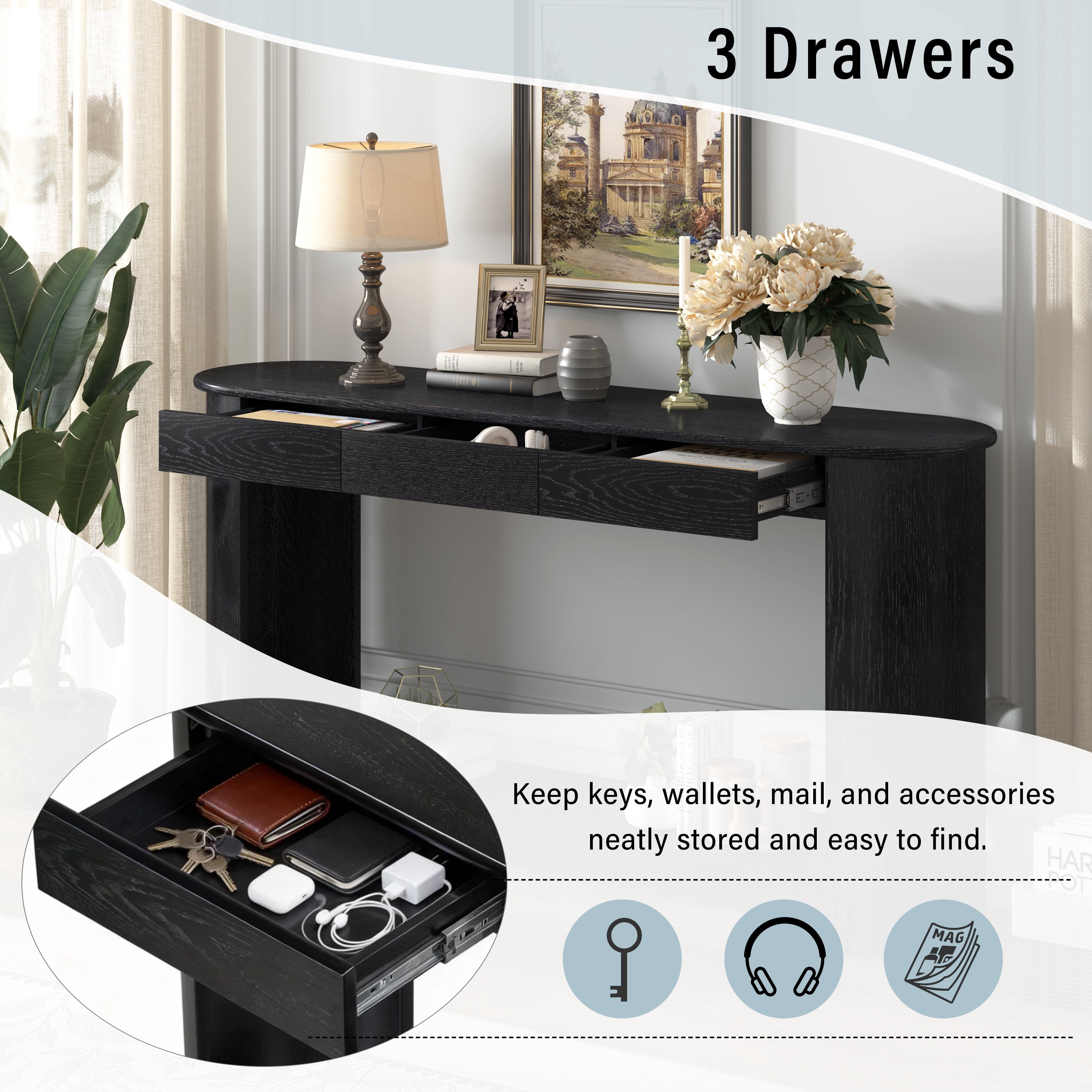 Mintazer 60" Modern Console Table, Entryway Table with 3 Drawers & Open Shelf, Long Sofa Table with Semi-Circular Design for Entryway Living Room, Black