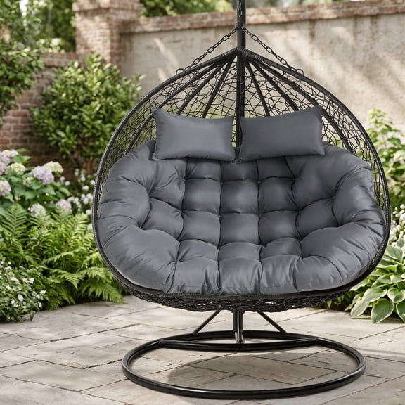 SHANNA Thickened Waterproof Double Egg Chair Cushion Replacement – PP Cotton Pad with Ties, UV-Resistant Outdoor Indoor 2 Seater Swing Chair Cushion for Patio, Garden, Balcony,Grey