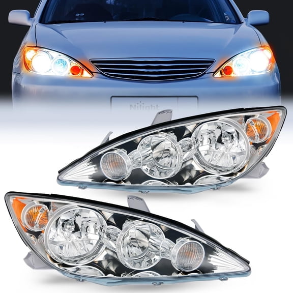 Nilight Headlight Assembly Compatible with 2005 2006 Toyota Camry LE XLE SE Headlamps Replacement Chrome Housing Amber Reflector Upgraded Clear Lens Driver and Passenger Side, 2 Years Warranty