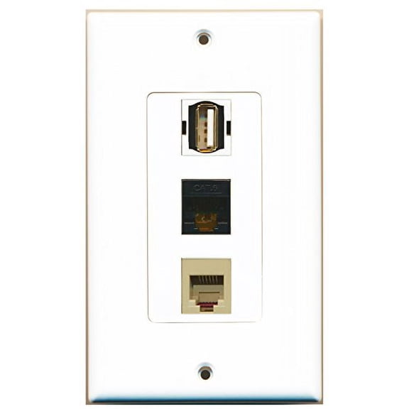 RiteAV - 1 Port USB A-A and 1 Port Phone RJ11 RJ12 Beige and 1 Port Cat6 Ethernet Black Decorative Wall Plate Decorative