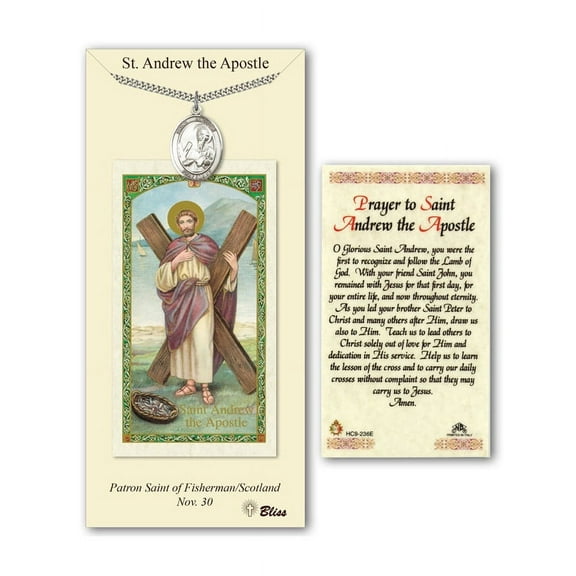 Pewter St. Andrew the Apostle medal on an 24 inch Heavy Curb Chain with a Prayer to St Andrew the Apostle Prayer Card.