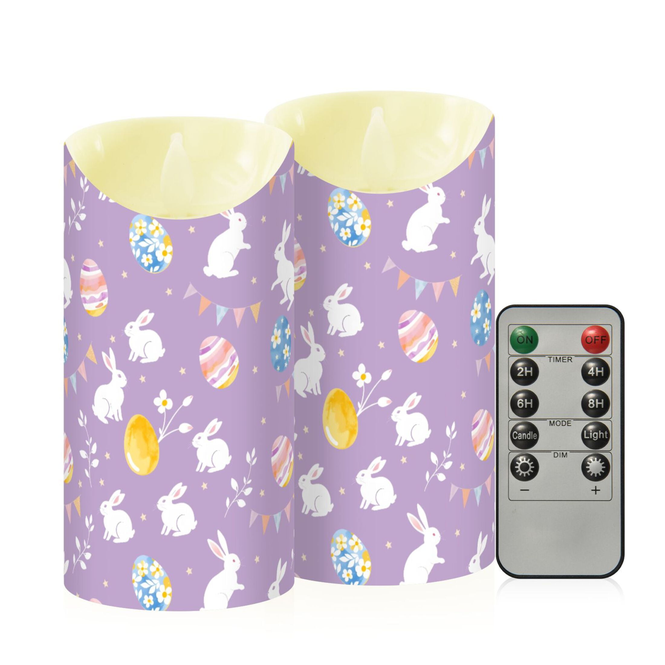 White Rabbit Colorful Easter Egg Pattern Flameless Candles 2 PCS with Remote Realistic Moving Flame LED Tapered Pillar Set for Home Decor