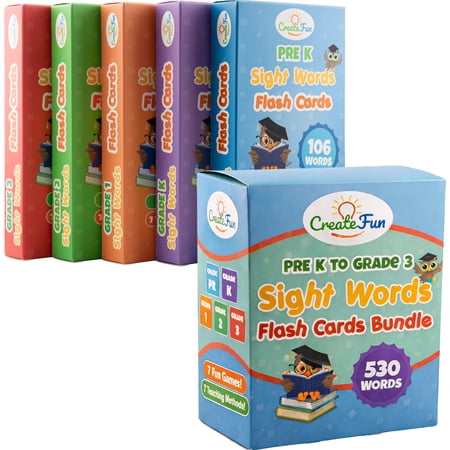 CreateFun 530 Sight Words Flash Cards for Kids Ages 3 to 9 - Dolch & Fry High Frequency Word Set for Preschool Kindergarten 1st 2nd 3rd Grade Learn to Read Homeschool & Classroom Games