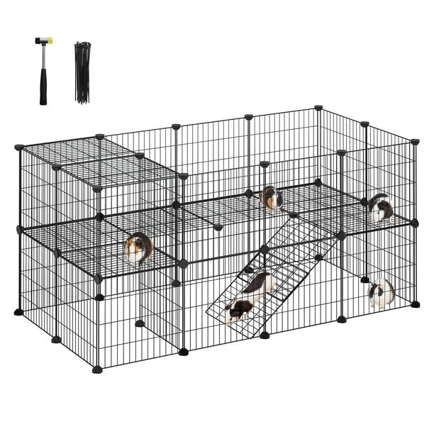 Parque para Mascotas de 2 Niveles, Jaula Modular, para Animales Pequeños, Hámsters, Conejos, Cobayas, Paneles de Malla Metálica, 123 x 63 x 61 cm, Negro