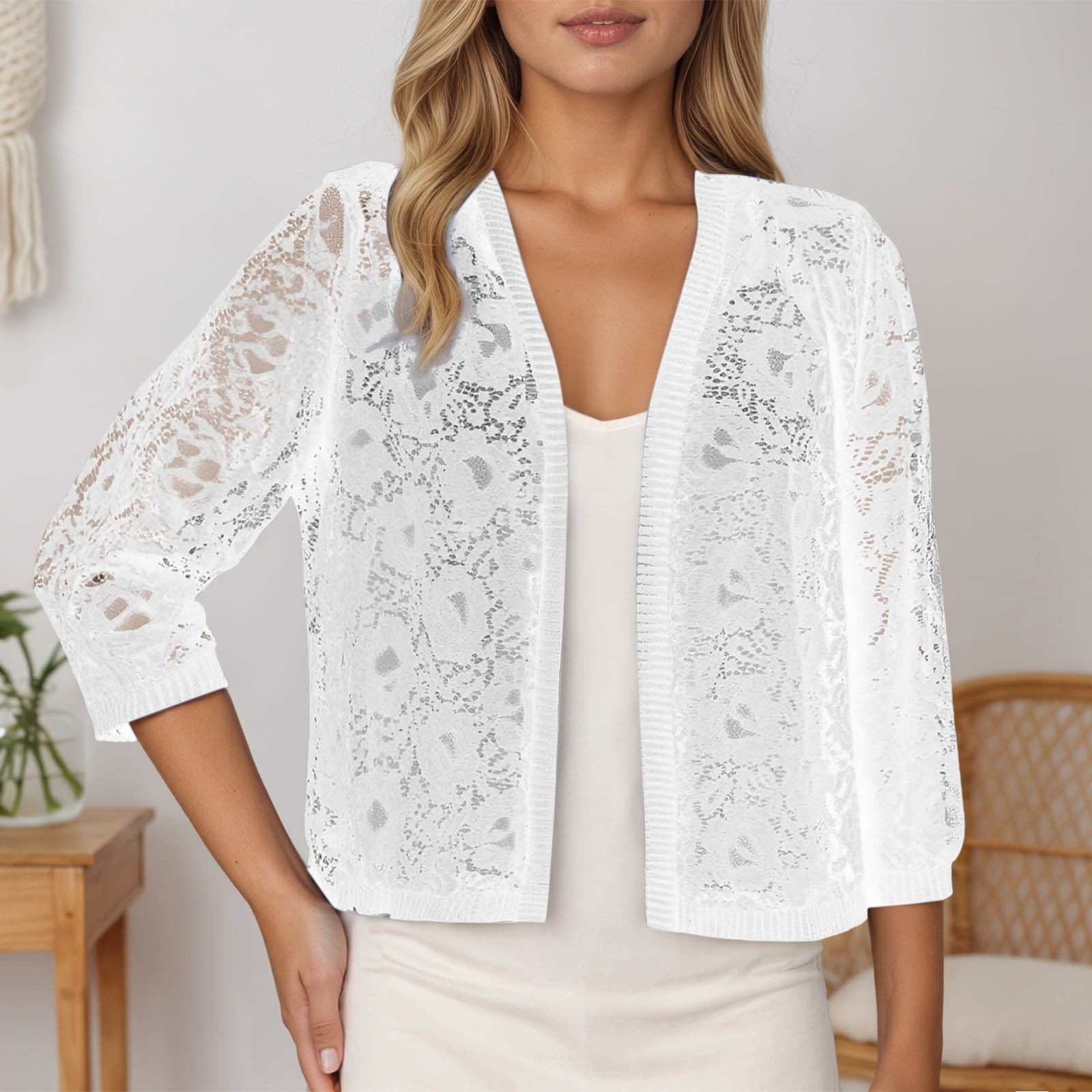 Women's Elegant Lace Cardigan Short Sleeve Knit Sweater