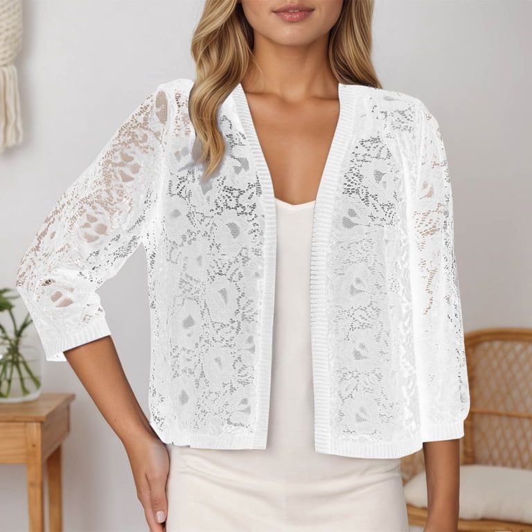 Women's Cardigan Elegant Lace Short Sleeve Knit Sweater