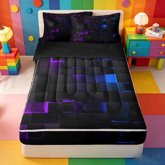 Erosebridal Grid Geometric Print Zipper Twin Comforter Sets with Fitted Sheet and 2 Pillowcases,Purple Blue Neon Gradient Zipper Bedding Set For Boys,Black Reversible,4-Piece