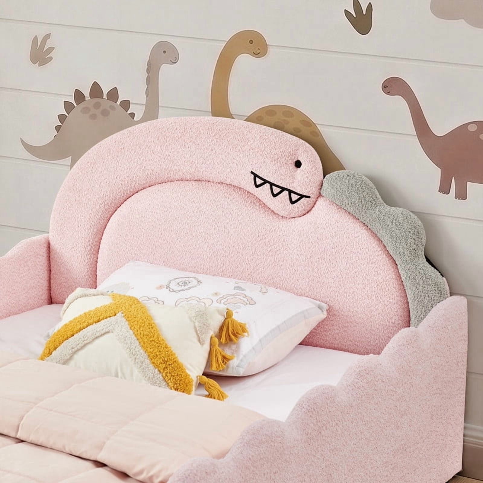 Full Size Kids Dinosaur-Shaped Platform Bed with Guardrails, Low-Profile Upholstered Boucle Fabric Playful Child Daybed Frame