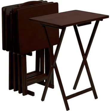 5 Piece Set, 4 Folding Wooden TV Tray Snack Tables with Storage Rack, Espresso
