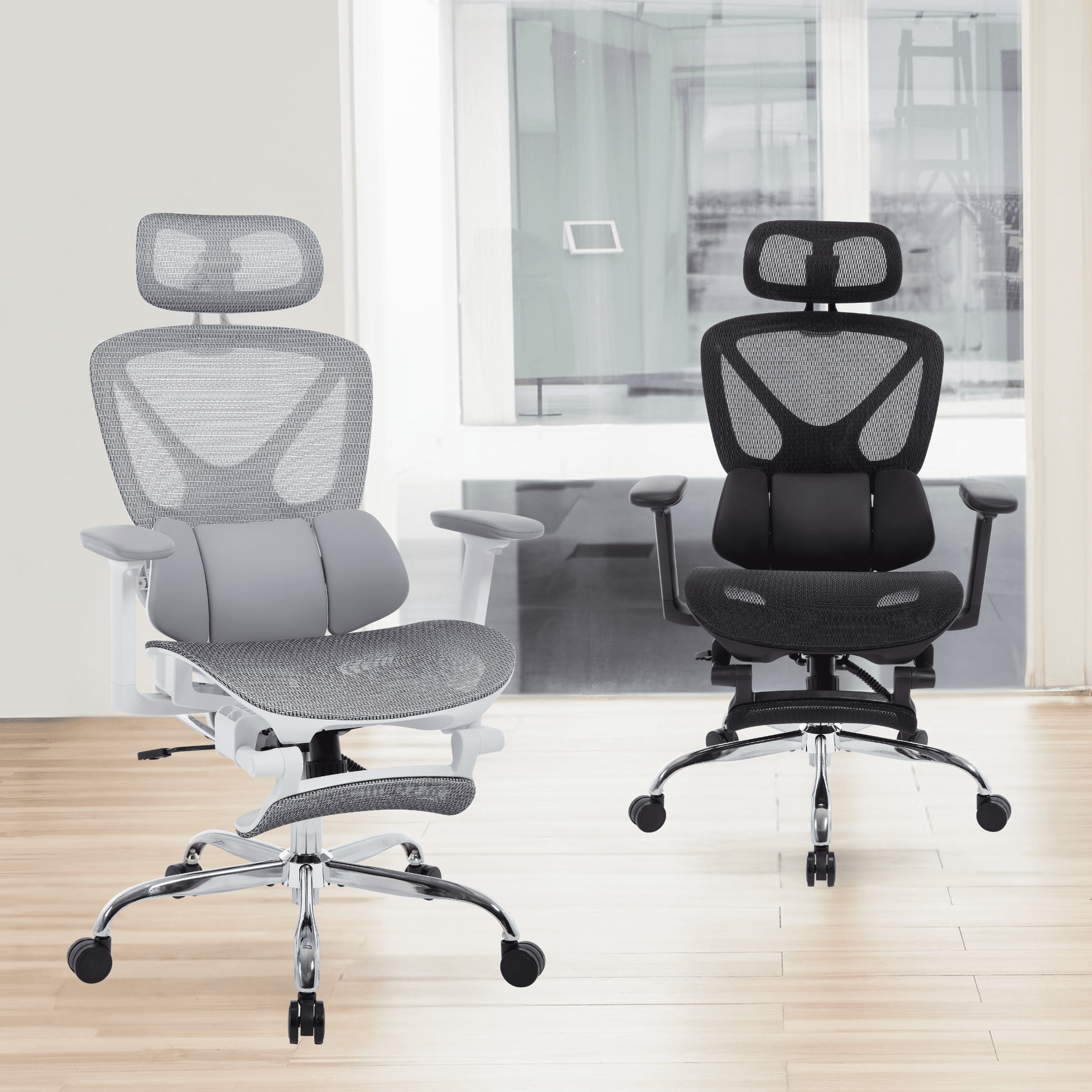 Guyou Ergonomic Office Chair, Mesh Desk Chair with Adjustable 3D Armrests, Lumbar Support, 2D Headrest, Tilt, Grey