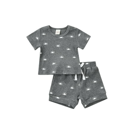 

Kiapeise Unisex Infant Baby Summer Outfits Short Sleeve Sun Printed Ribbed Knitted Tops + Short Pants Baby Boys Girls Clothing Set