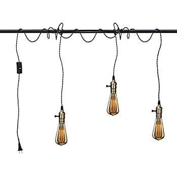 Vintage Pendant Light Kit Cord With Switch And Triple E26 E27 Industrial Socket Lamp Holder 25ft Twisted Black Cloth Bulb Plug In Hanging Fixture Com Bulb Cord Plug In Hanging Light Fixture, Hanging Pendant Light Kit Plug In