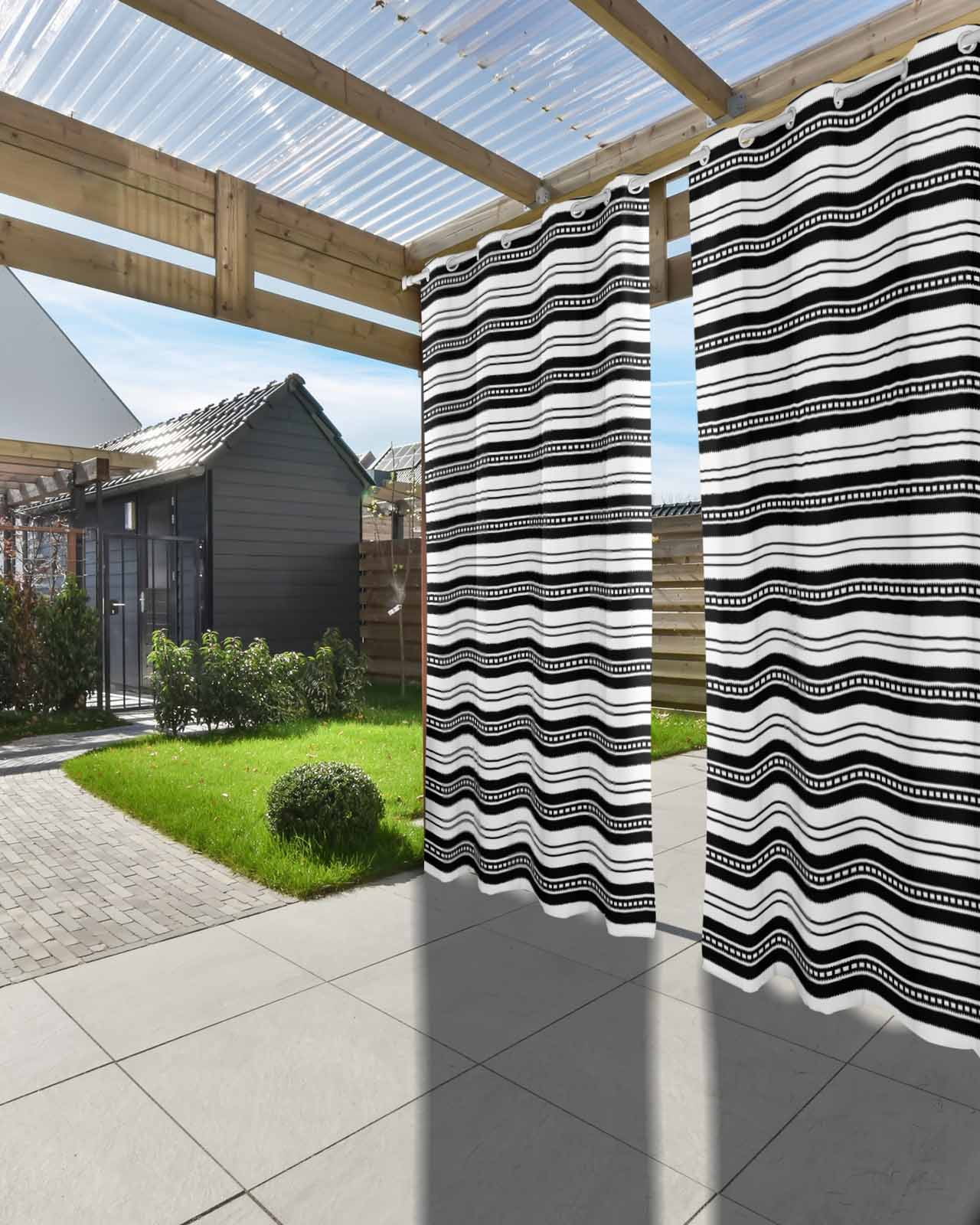 nqOlkjepod Outdoor Curtains for Patio Waterproof, Boho Black Stripe Outdoor Privacy Panels Grommet, Abstract Geometric White Minimalist Blackout Outside Curtains for Porch/Cabana 54"x95", 1 Panel